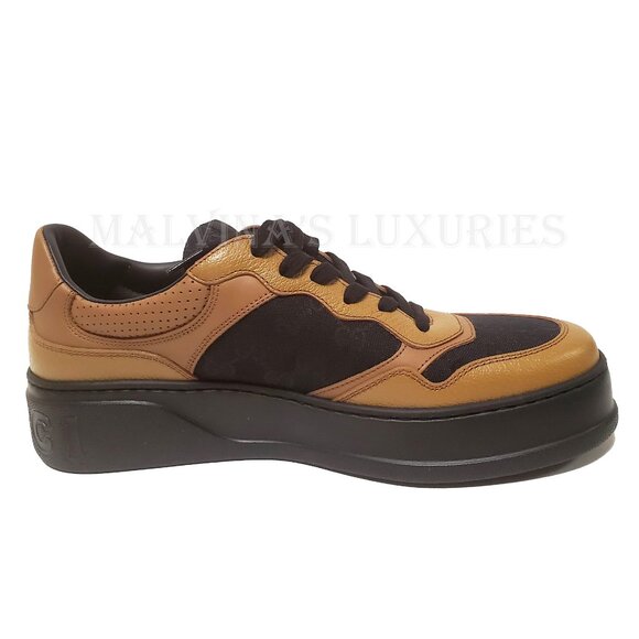 GUCCI MENS SNEAKERS BASKET GG LOGO JACQUARD BROWN LEATHER SHOES sz 10 10.5 US - Picture 10 of 15
